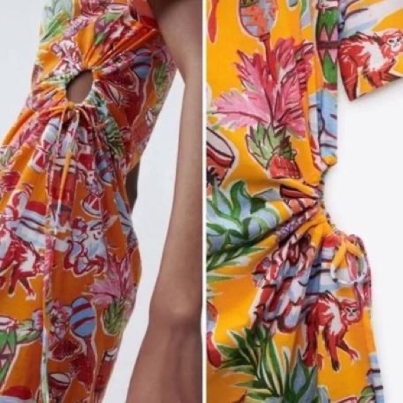 Zara Orange Mini Tropical Jungle Print Cutout Dress - Picture 6 of 12